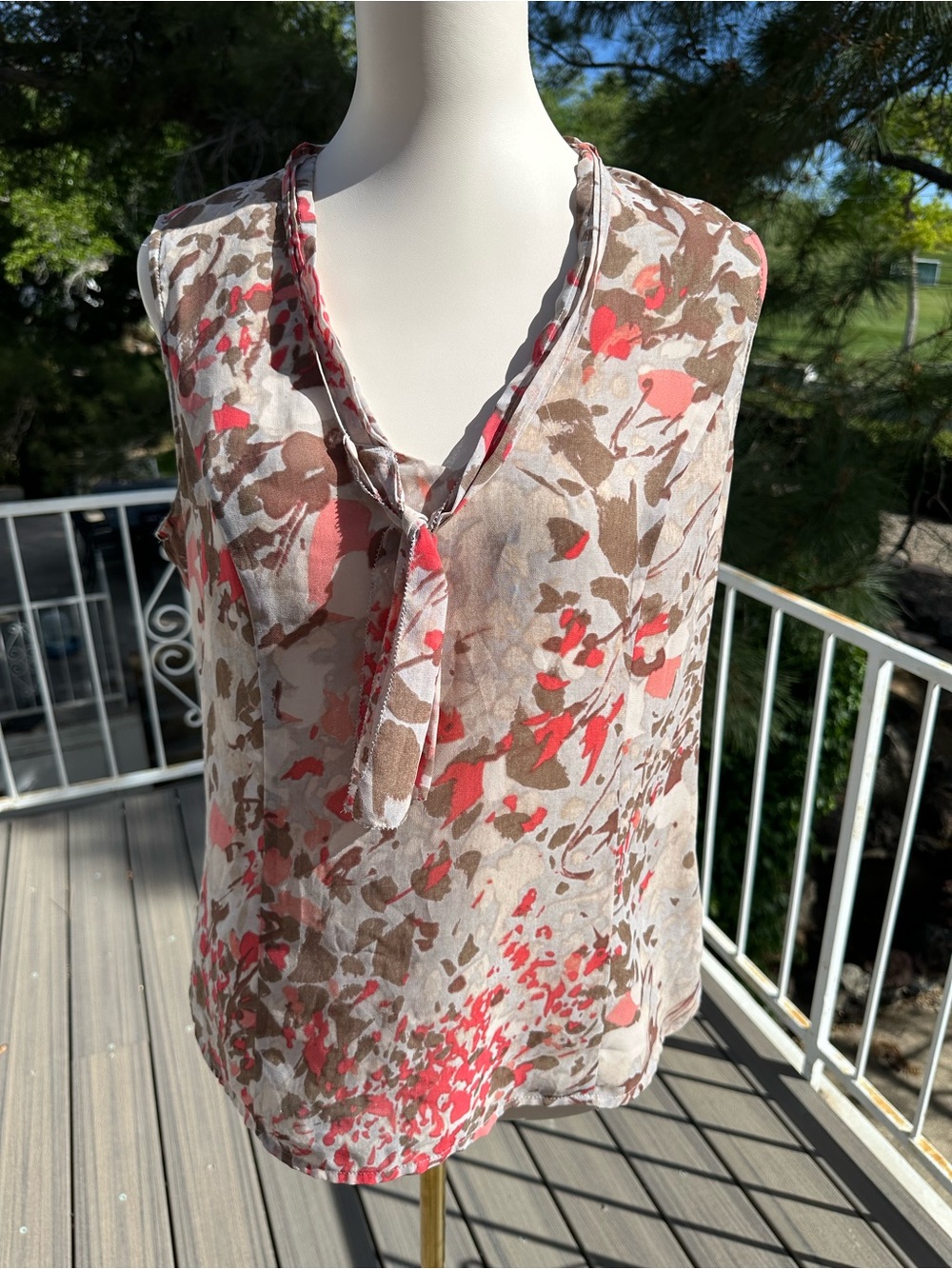 Coldwater Creek Coral and Taupe Floral Tie-Neck Sleeveless Top